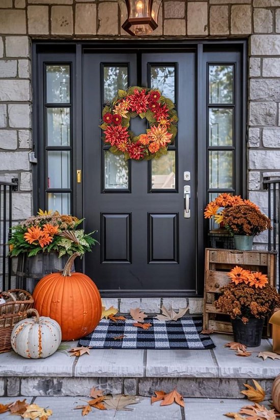 Couronne D'Automne Pour Porte 30cm - Citrouilles Et Feuilles D'Érable Artificielles, Décoration Extérieure Et Intérieure
