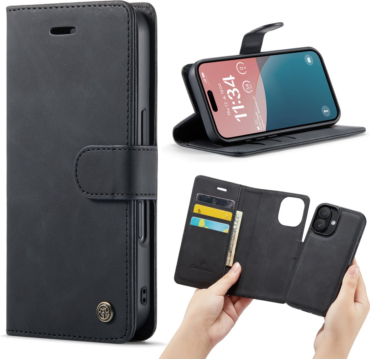 Casemania Hoesje Geschikt voor Apple iPhone 16 - Charcoal Gray - 2 in 1 Magnetic Book Case