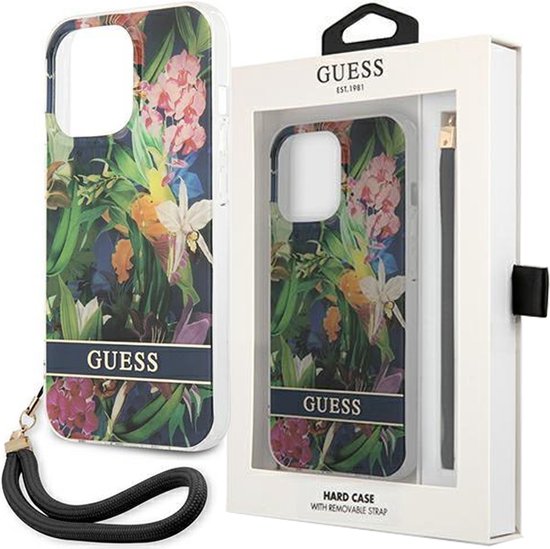 Guess iPhone 14 Plus 6.7" Étui rigide bleu Flower Strap