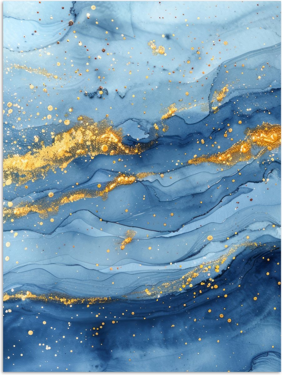 Poster 30x40 cm - Watercolor - Blauw - Kunst - Goud - Luxe - Modern - Posters - Wanddecora