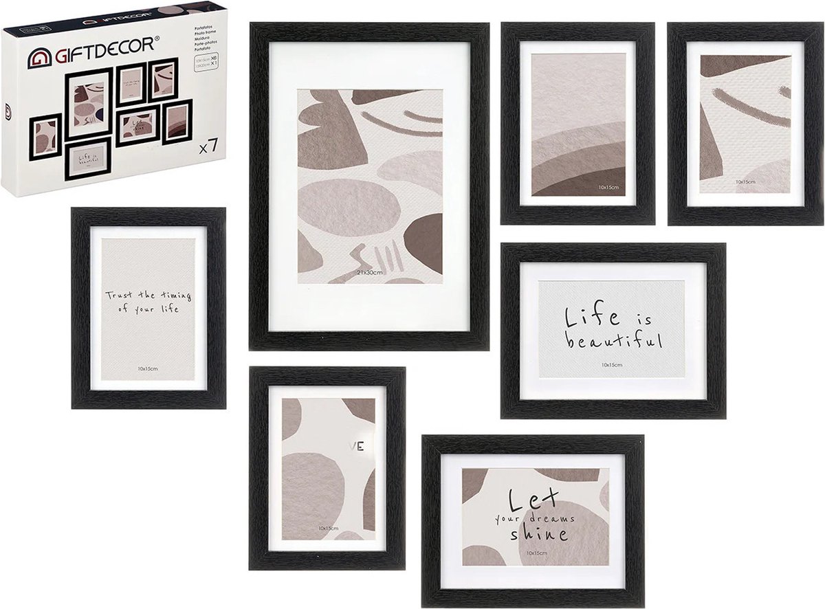Gift Decor Collage fotolijst voor 7x foto - voor verschillende maten fotos - hout - zwart