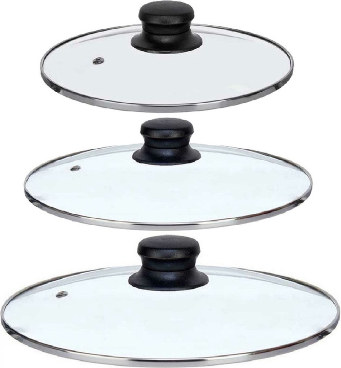 Kinvara Universele pannendeksel set - 3x stuks - Dia 24/22/20 cm - glas - stoomgaatje