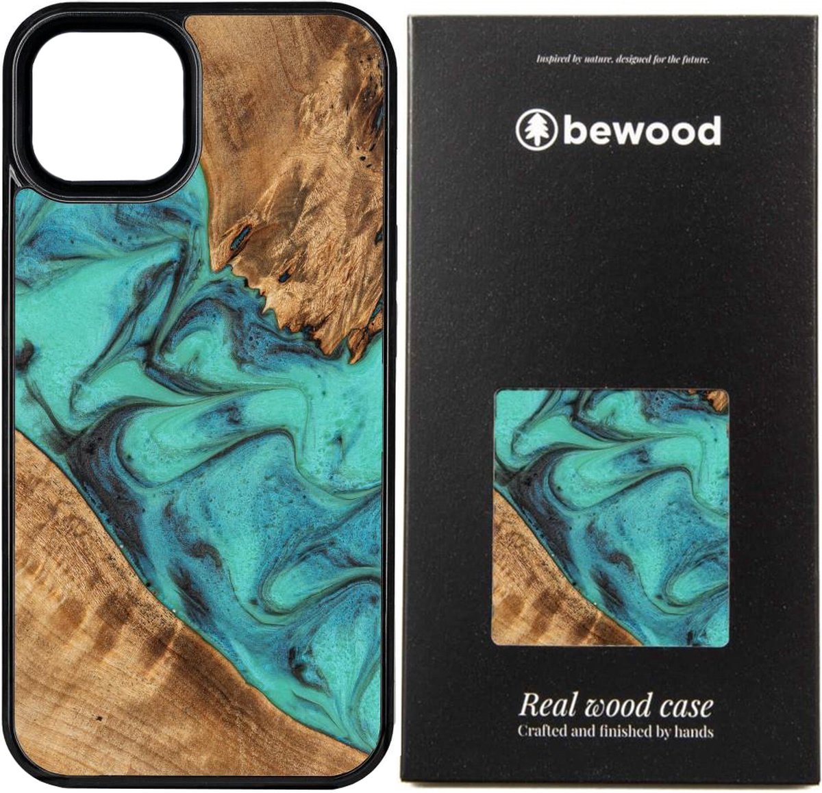 Bewood Wood and Resin Echt Houten Back Cover voor Apple iPhone 15 Pro - Unique Turquoise