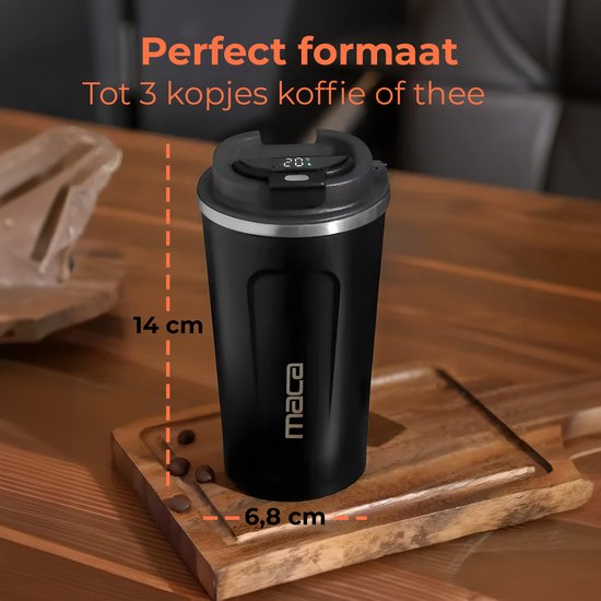 Maca Thermosbeker - Koffiebeker To Go - Met Temperatuurmeter - 380ml - Travel Mug - RVS - Zwart