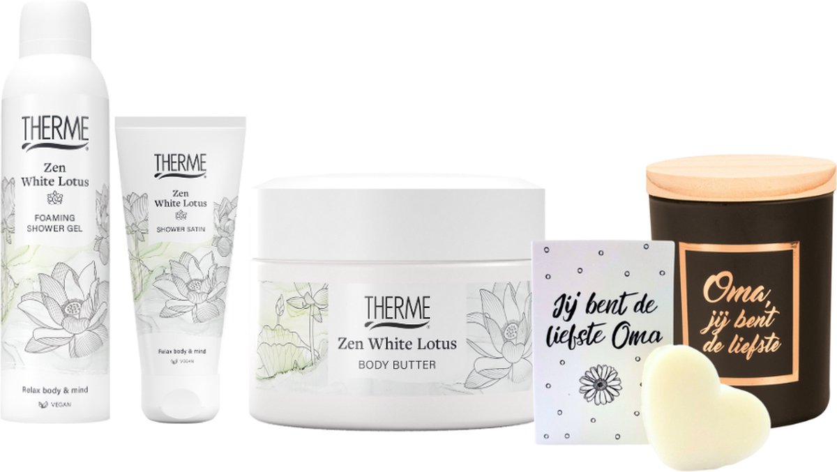Goedkoopste Therme Cadeauset Zen White Lotus Douche & Body Oma - Therme Zen White Lotus Showering Foam - Therme Zen White Lotus Body Butter - Kaars Oma Jij Bent de Liefste