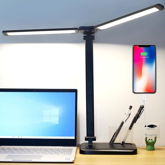 Lightess Double Head Bureaulamp LED met Gebarenbesturing & Afstandsbediening, 20W 80CM Dimbare Klemlamp met Stekker Zwarte Tafellamp Daglichtlamp voor Kantoor Monitor Architecten