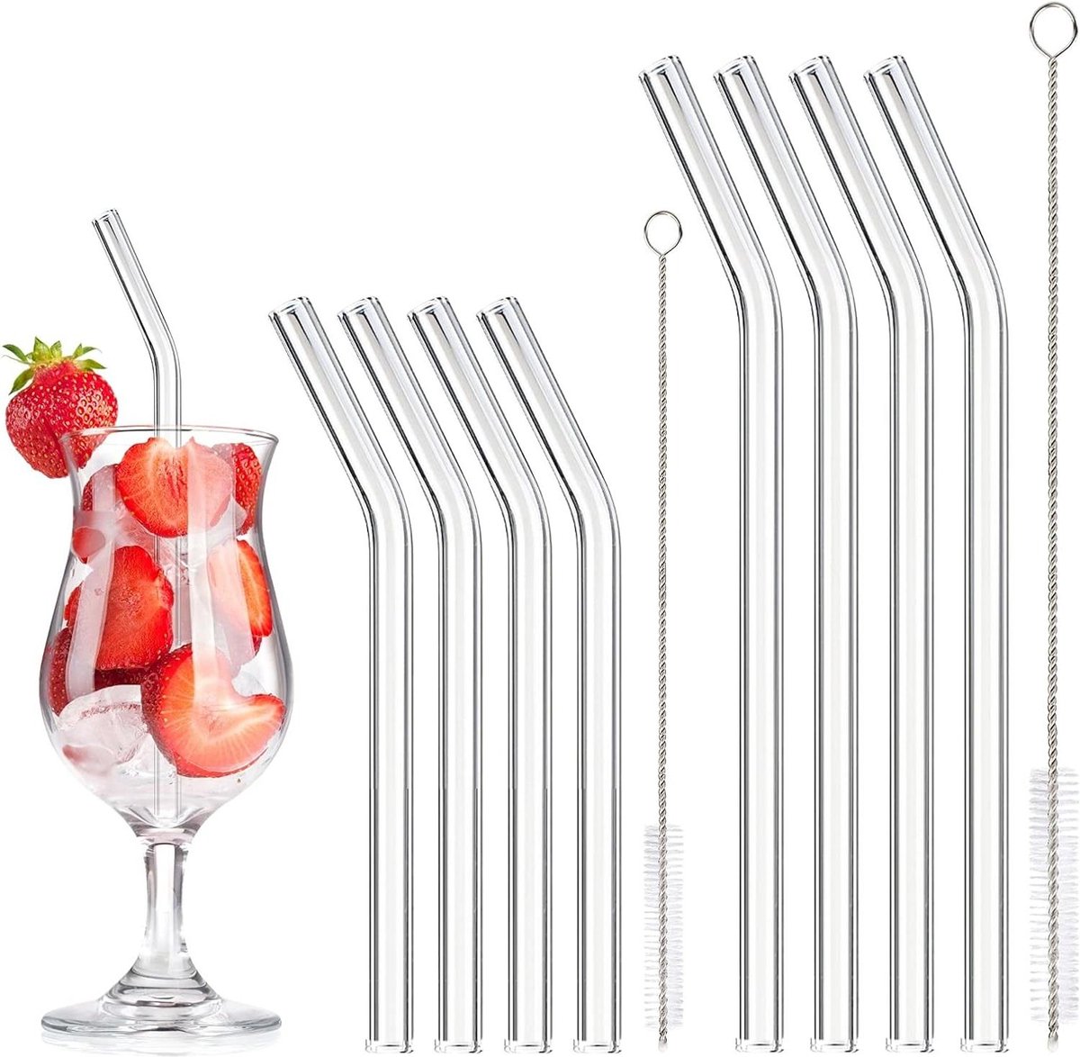 Herbruikbare gebogen glazen rietjes 8 stuks 20 cm en 15 cm transparant inclusief reinigingsborstels Glazen rietjes