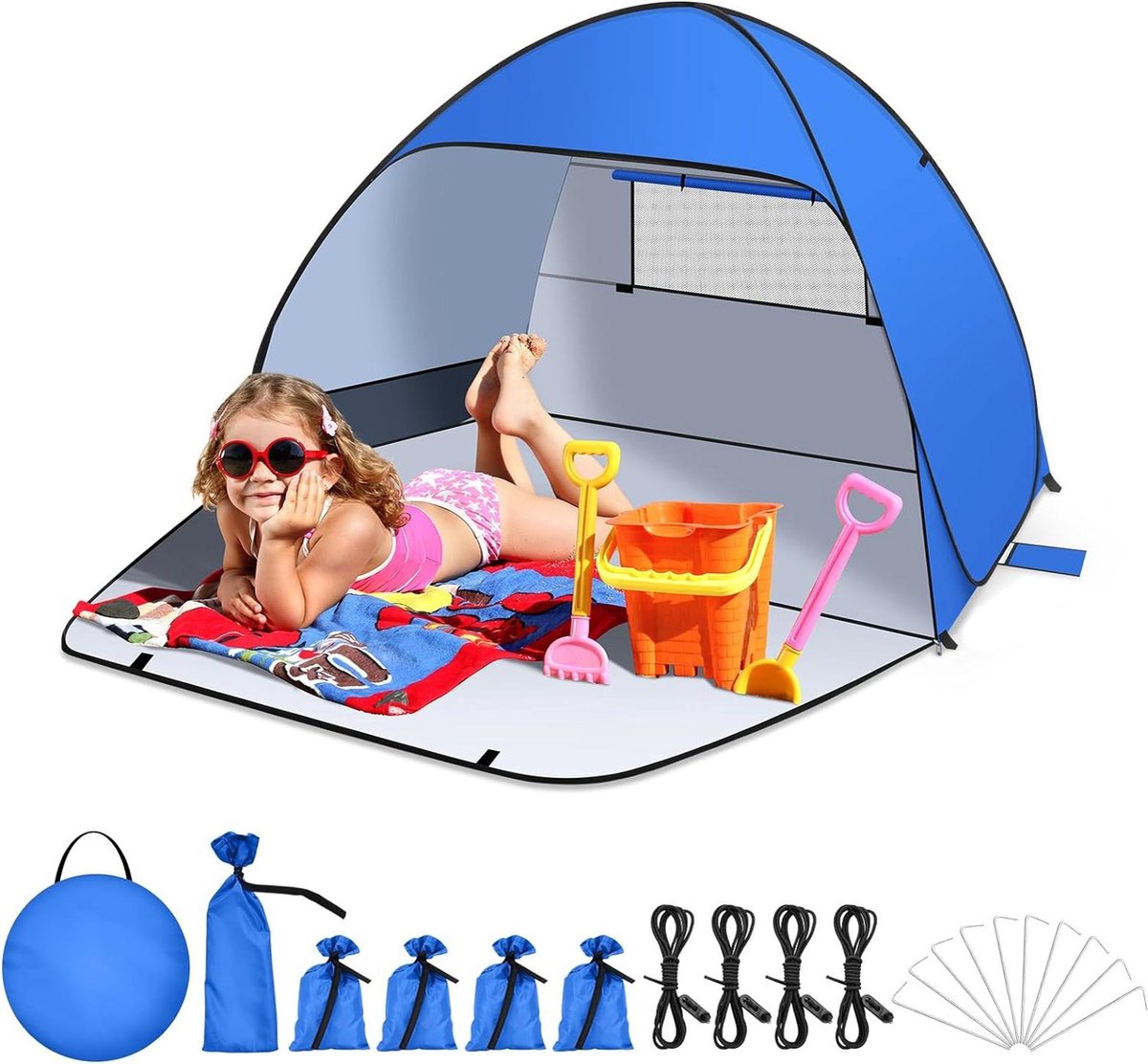 Strandtent Grote pop-up voor 2-4 personen - waterdicht - ongediertebestendig - UV 50+ - verlengde veranda met ritssluiting