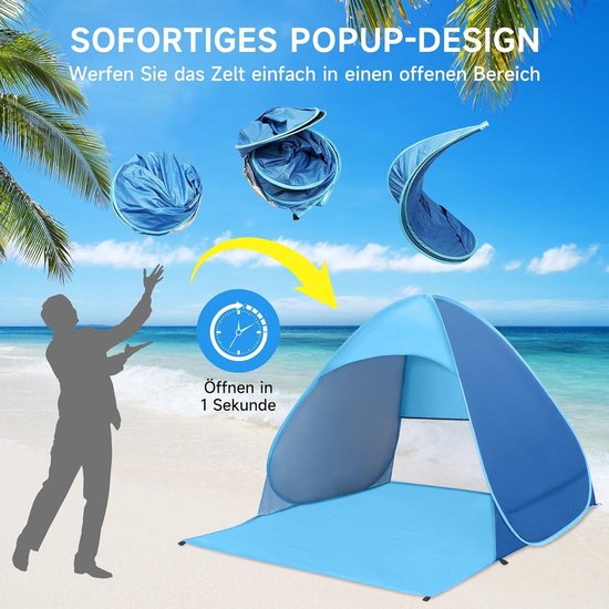 Pop-up Draagbare Strandtent lichtgewicht automatische zonnetent 1-2 personen inclusief draagtas en tentstokken - blauw van POP — afbeelding 3