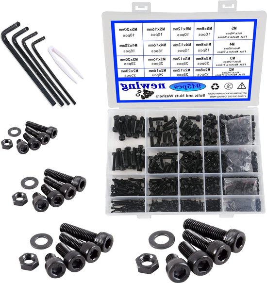 Jeu de vis en acier au carbone M2 M3 M4 M5 - Noir | Set avec vis, écrous, rondelles | Hexagone avec clé | Durable et pratique