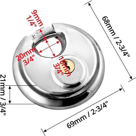 Set van 4 ronde beugelsloten, hangslot 9,5 mm beugeldikte, hangslot met sleutel, 70 mm roestvrij staal, rond beugelslot, hangslot, weerbestendig, roestvrij