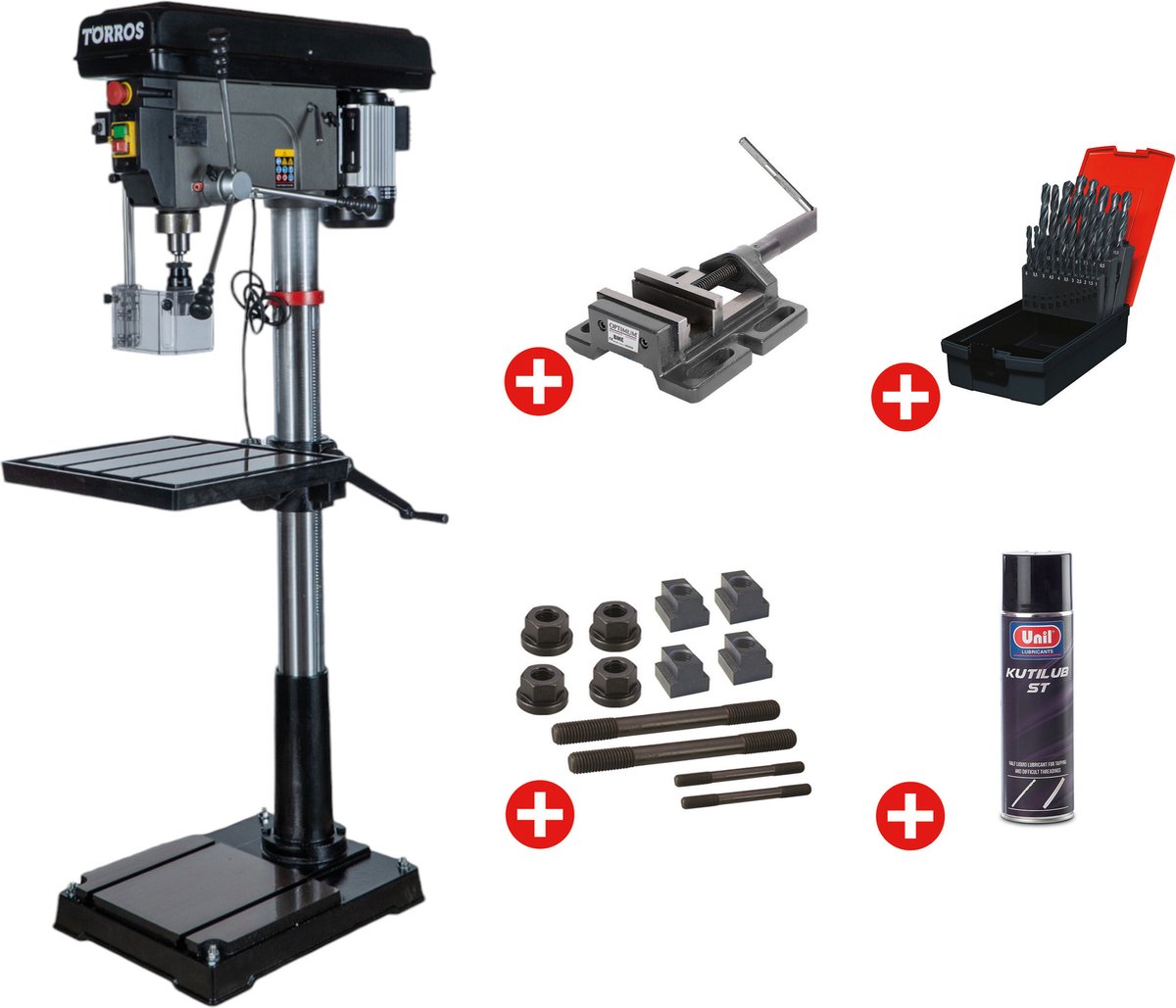 Professionele kolomboormachine boren tot ø 32 mm MK4 1,5 kW 400V + boorklem set spanbouten set boren 1-13 mm spuitbus Torros DF34T PACK