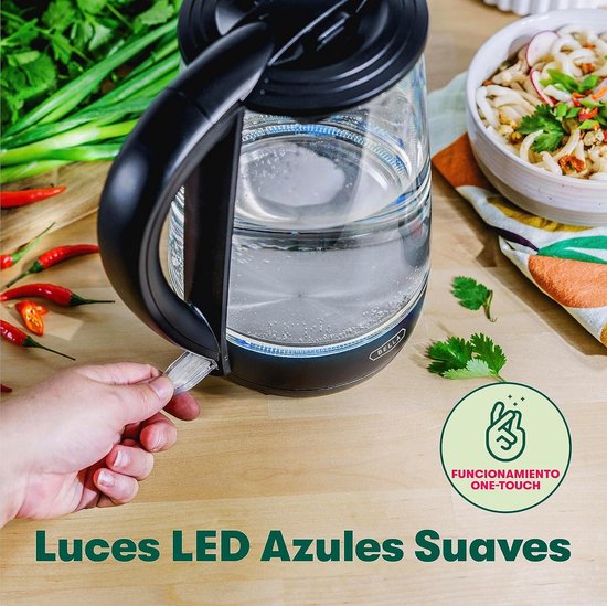 BELLA 1,7 liter waterkoker van glas, snel koken 7 kopjes water in 6-7 minuten, zachte blauwe ledlampen lichten op bij het koken, zwart BELLA 1,7 liter waterkoker van glas, snel koken 7 kopjes water in 6-7 minuten, zachte blauwe ledlampen lichten op bij het koken, zwart