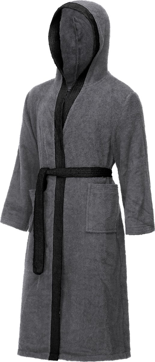 Ladeheid Heren Badjas met Capuchon - 100% Katoen - Wasmachine bestendig - Badstof - Donkergrijs/Zwart - S - LA-LA40-190-DG