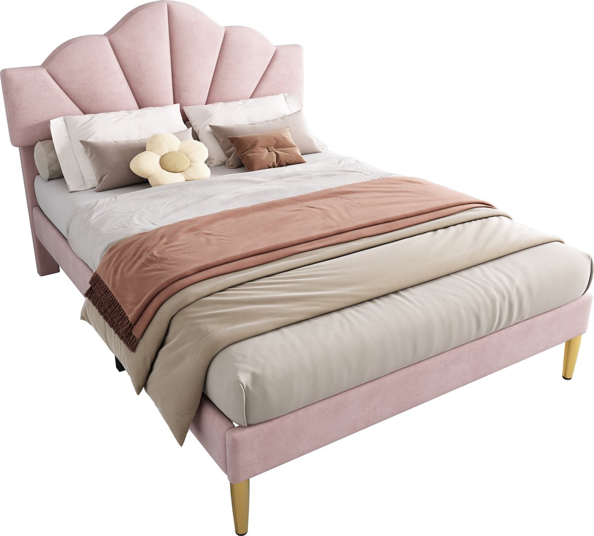 Merax Gestoffeerd Tweepersoonsbed 140x190 cm - Modern Bed met Schelpvormig Verstelbaar Hoofdbord - Velvet Bedframe - Roze met Goud