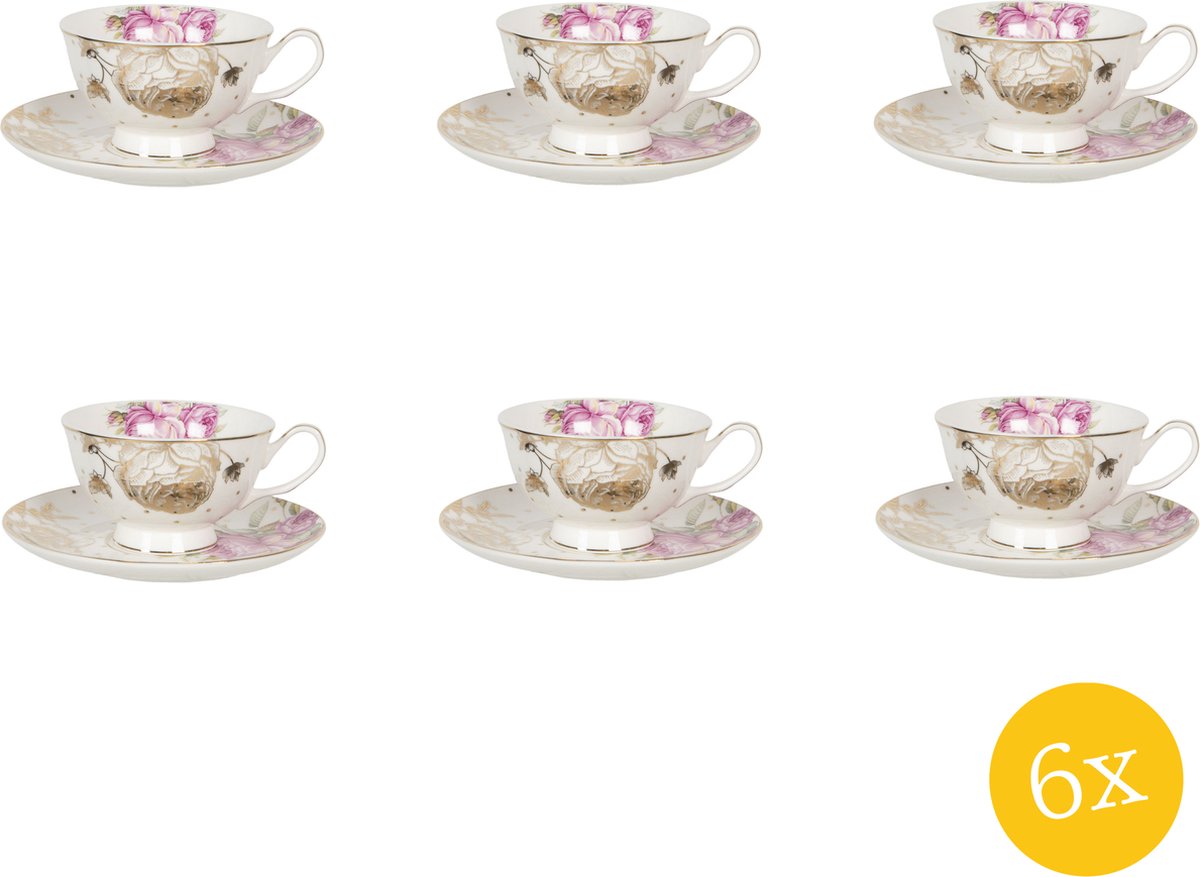 Clayre & Eef Kop en schotel set van 6 stuks schotel 200 ml Wit Roze Porselein Bloemen Servies