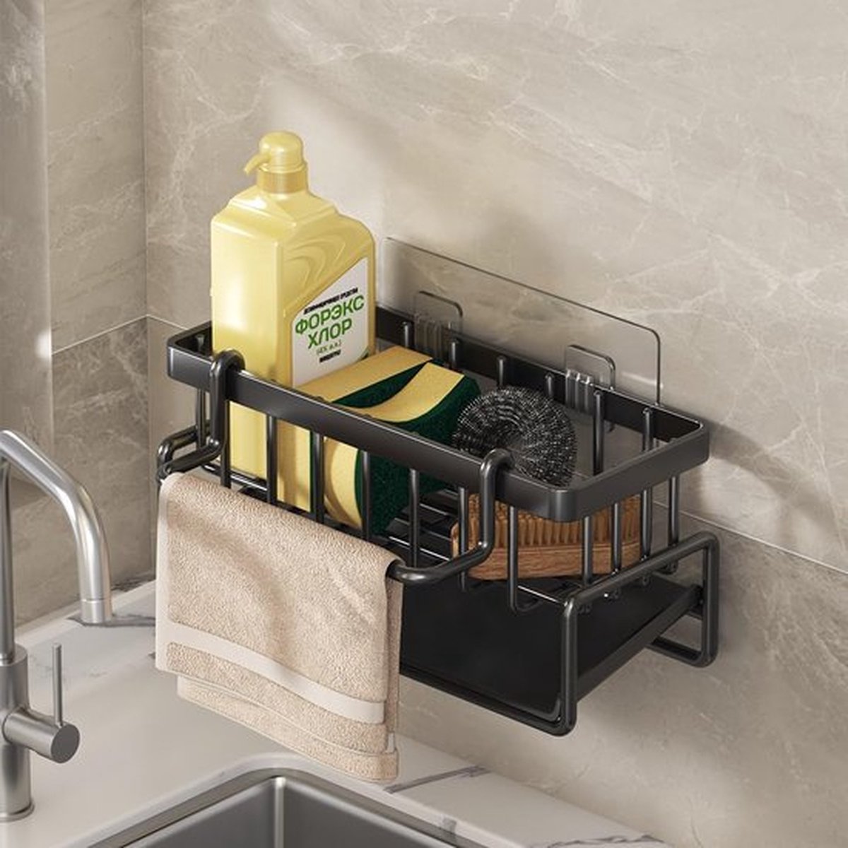 PolkaHome Wandgemonteerde gootsteencaddy voor keuken gootsteenopbergrek aanrecht huishoudelijke sponshouder met snelafvoerbak zwart