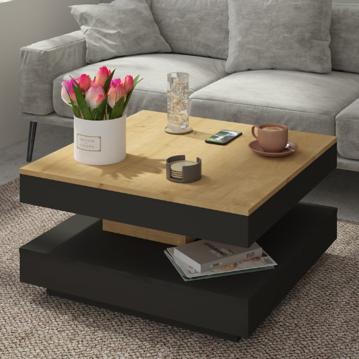 Salontafel Soho 78x78 Cm Met Uitschuifbaar Tafelblad - Beige/ Grijs
