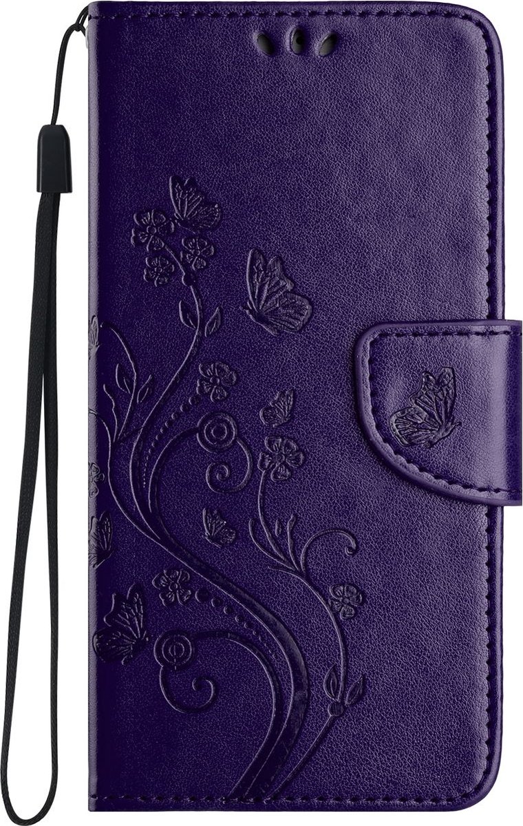 Mobigear Telefoonhoesje geschikt voor Apple iPhone 16 Pro Max Hoesje | Mobigear Flowers Bookcase Portemonnee | Pasjeshouder voor 2 Pasjes | Telefoonhoesje voor Pinpas / OV Kaart / Rijbewijs - Paars