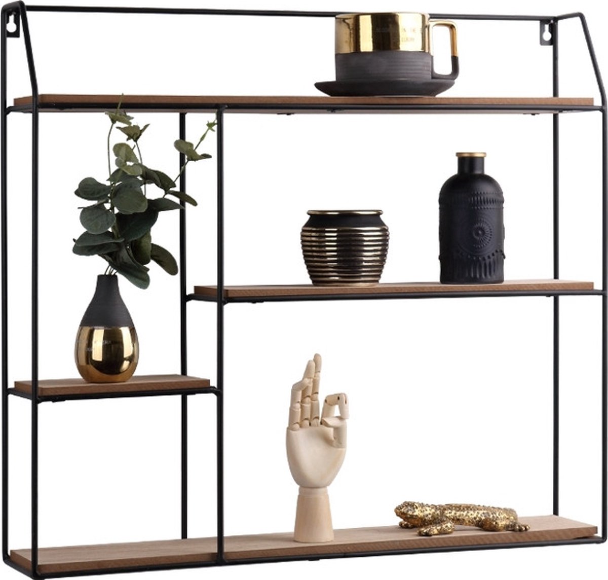 LIFA LIVING Wandrek Industrieel - Zwart - Vierkant - Metaal & Hout - 58 x 11 x 52 cm