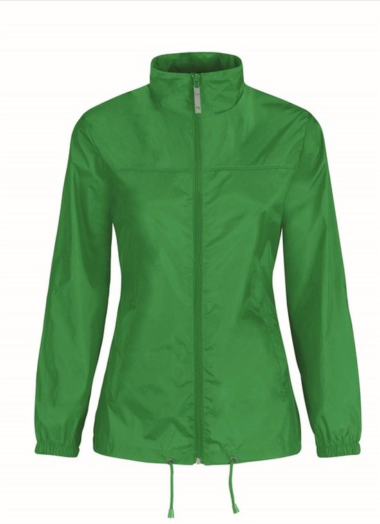 Coupe-vent vert pour femme avec fermeture éclair, col montant et cordon de serrage à la base.