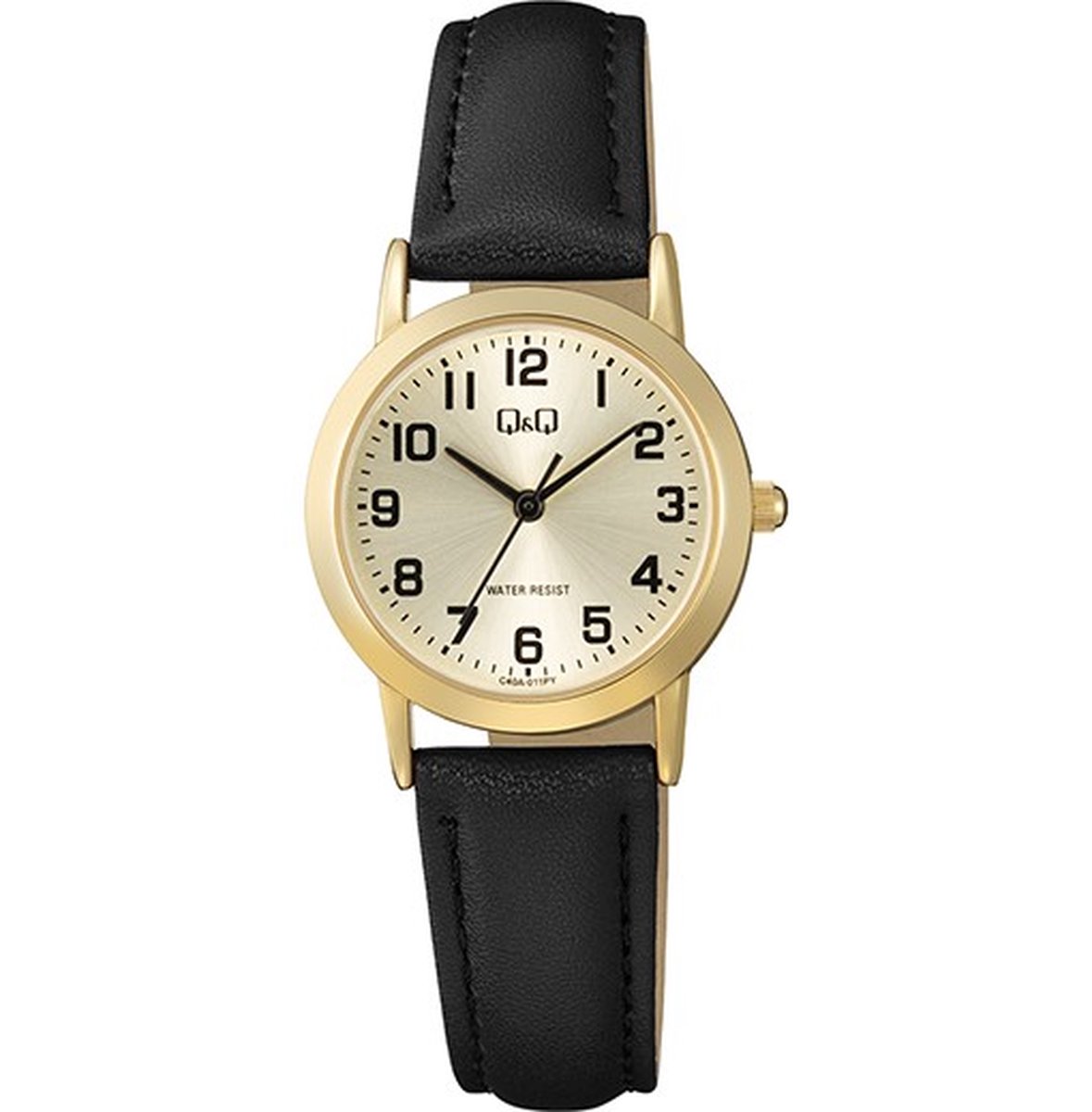 QQ C40A-011PY - Horloge - Polshorloge - Analoog - Dames - Vrouwen - Leren band - Rond - Metaal - Cijfers - Zwart - Goudkleurig