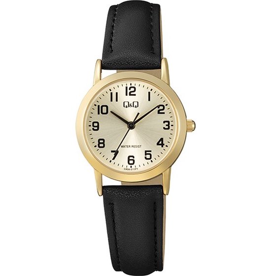 Q&Q C40A-011PY - Montre - Montre-bracelet - Analogique - Dames - Femmes - Bracelet en cuir - Rond - Métal - Chiffres - Zwart - Couleur or