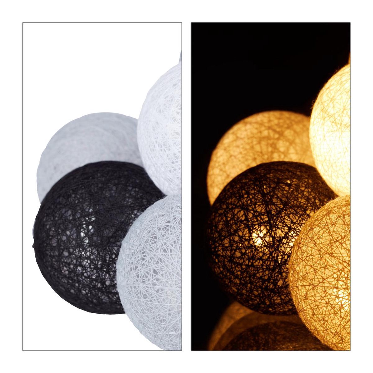 Relaxdays Guirlande Lumineuse LED, 20 Boules de Coton, Fonction à Piles,  Lumières d'Ambiance, Sphères Ø6 cm, Blanc Gris Marron