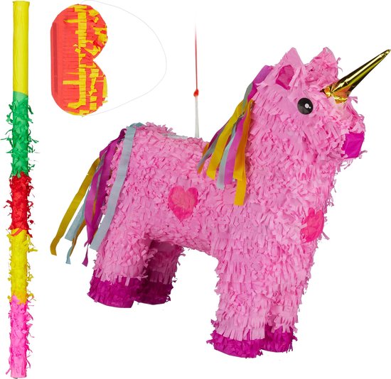 Foto: Relaxdays 3 delige pinata set eenhoorn roze pinatastok blinddoek unicorn