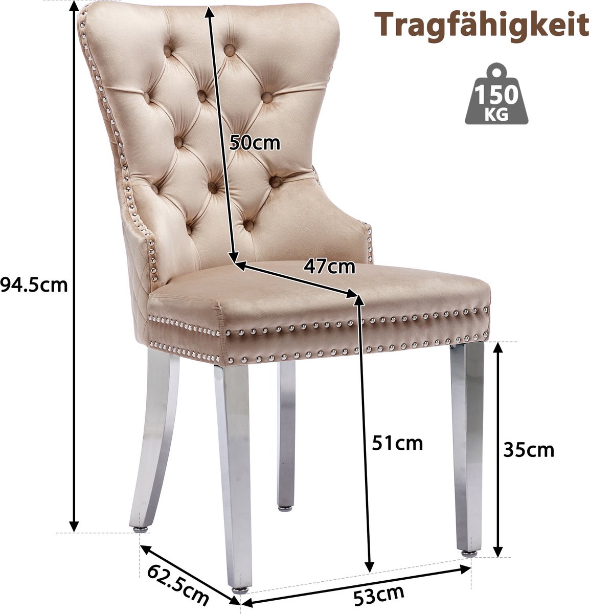 Merax Eetkamerstoelen Set van 6 – Luxe Fluwelen Stoelen met Decoratieve Nagelkopafwerking en Unieke Deurklopper – Beige