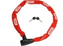 Rood ABUS kettingslot met witte ABUS logo's en twee sleutels op een zwarte achtergrond.