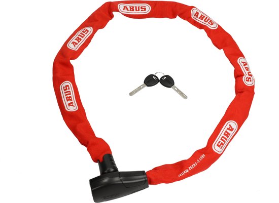 Rood ABUS kettingslot met witte ABUS logo's en twee sleutels op een zwarte achtergrond.