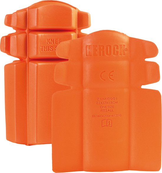 Twee oranje Herock kniebeschermers, één met "KNEE THIS SIDE" opdruk.
