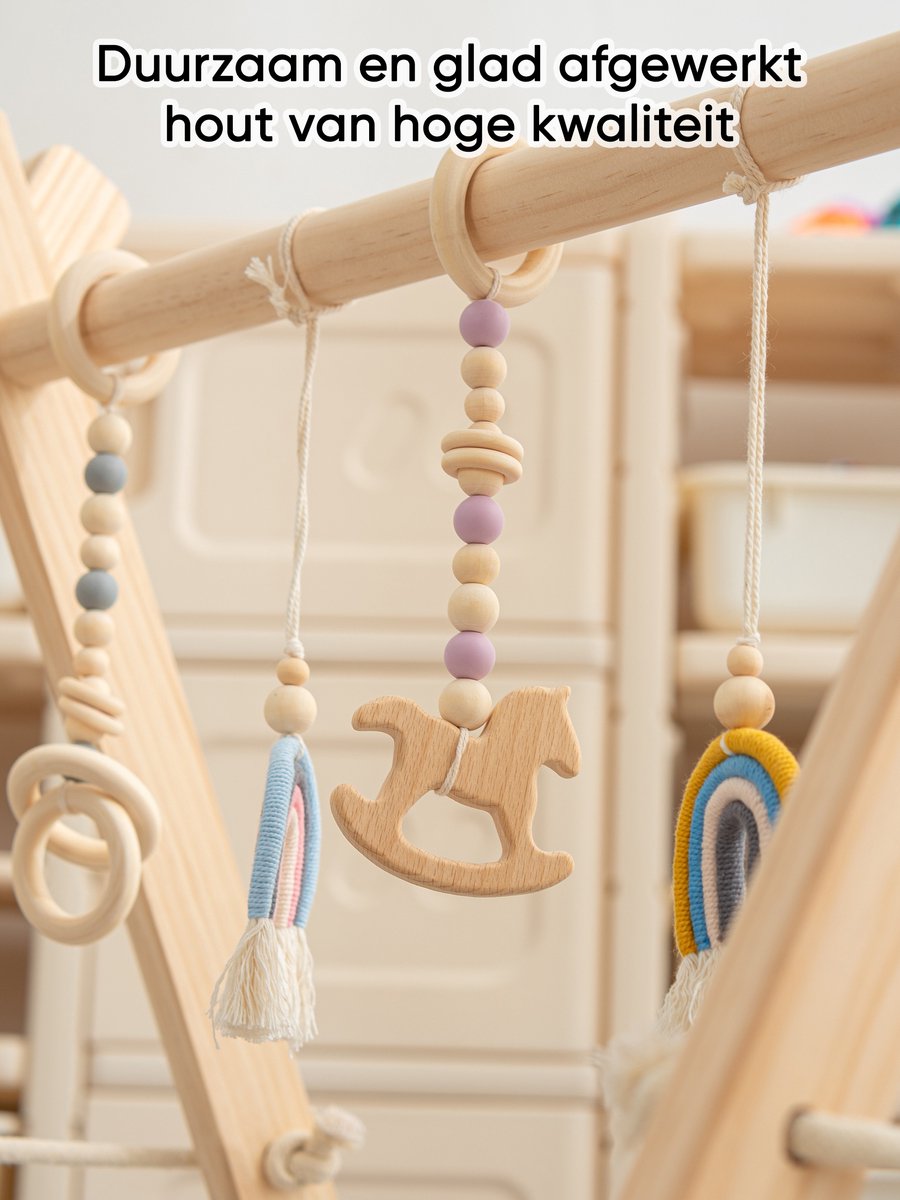 babygym hout incl. 5 speeltjes + dubbelzijdige speelmat – houten Speelboog Baby – Stevige constructie & inklapbaar — afbeelding 5
