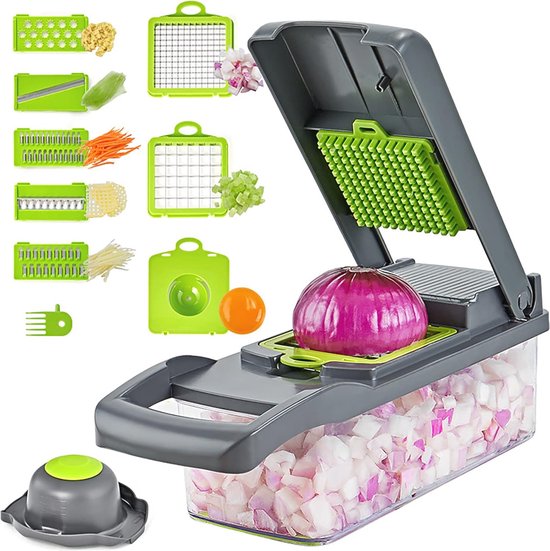 Groentesnijder, uienhakselaar, multifunctionele 15-in-1 professionele voedselhakselaar, groentehakselaar, keukenhakselaar, snijder, veggie hakmolen met container