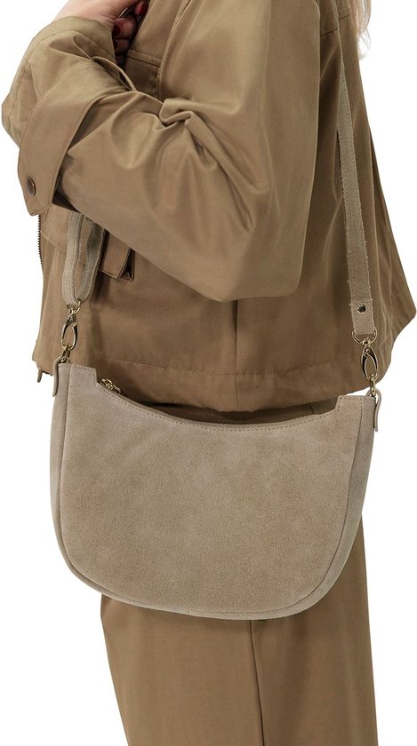 Manfield Beige Suède Schoudertas Met Ritssluiting - Maat Onesize