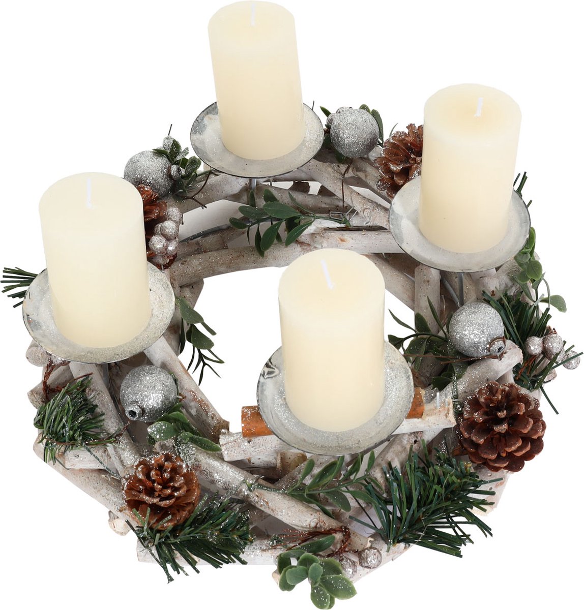Adventskrans MCW-M12, adventsarrangement tafelkrans kerstdecoratie tafeldecoratie hout zilver wit Ø 30cm ~ met kaarsen – foto 2