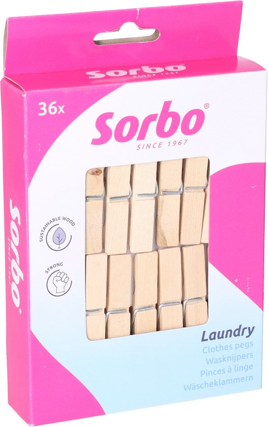 Doos met 36 Sorbo houten wasknijpers, met tekst 'Laundry' en 'Clothes pegs'.