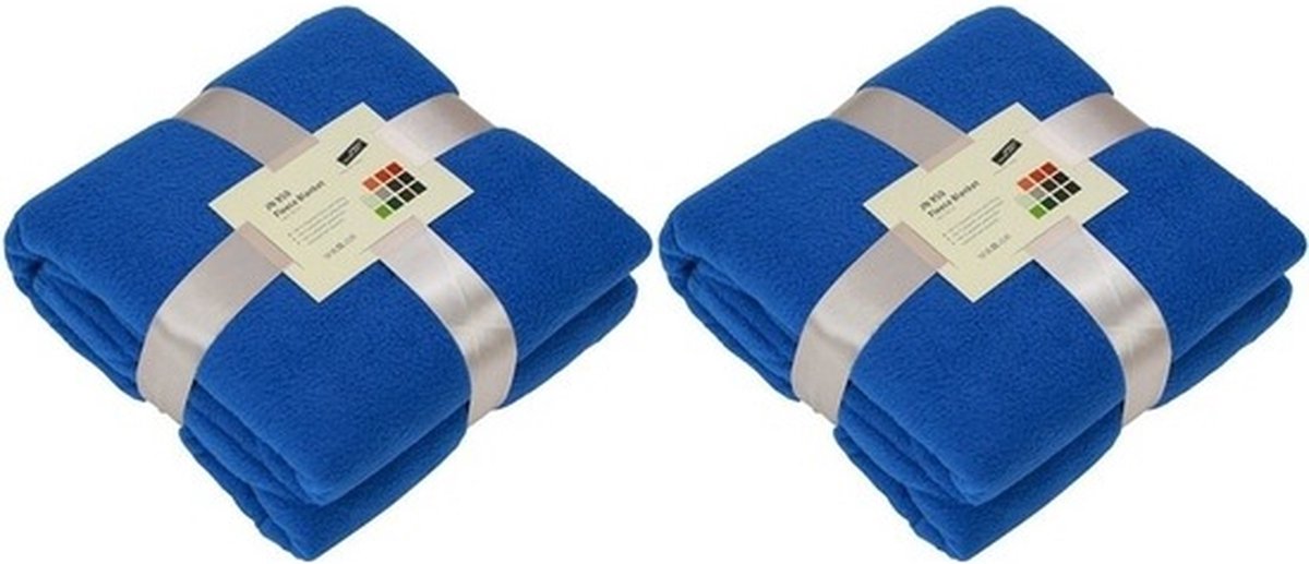 James & Nicholson 2x Fleece dekens/plaids kobaltblauw 130 x 170 cm - Woondeken - Fleecedekens