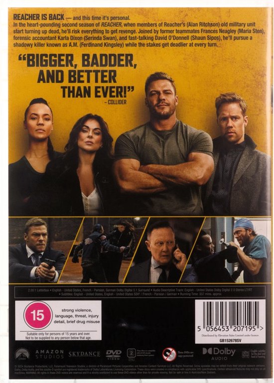 Reacher seizoen 2 DVD-hoes met Alan Ritchson in het midden, omringd door andere acteurs. "Bigger, Badder, And Better Than Ever!".