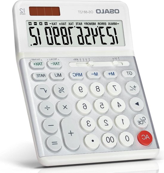 Rekenmachine met BTW Belasting Functie Grote Display Grote Knoppen 12 Cijfer - Bureau Calculator voor Thuis en Kantoor (OS-8812T)