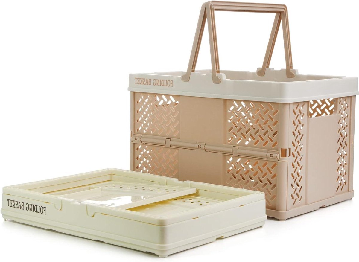 Opvouwbare opbergkratten 2 stuks 31 cm x 22 cm mini winkelmanden beige + lichtroze picknick winkelen kamperen