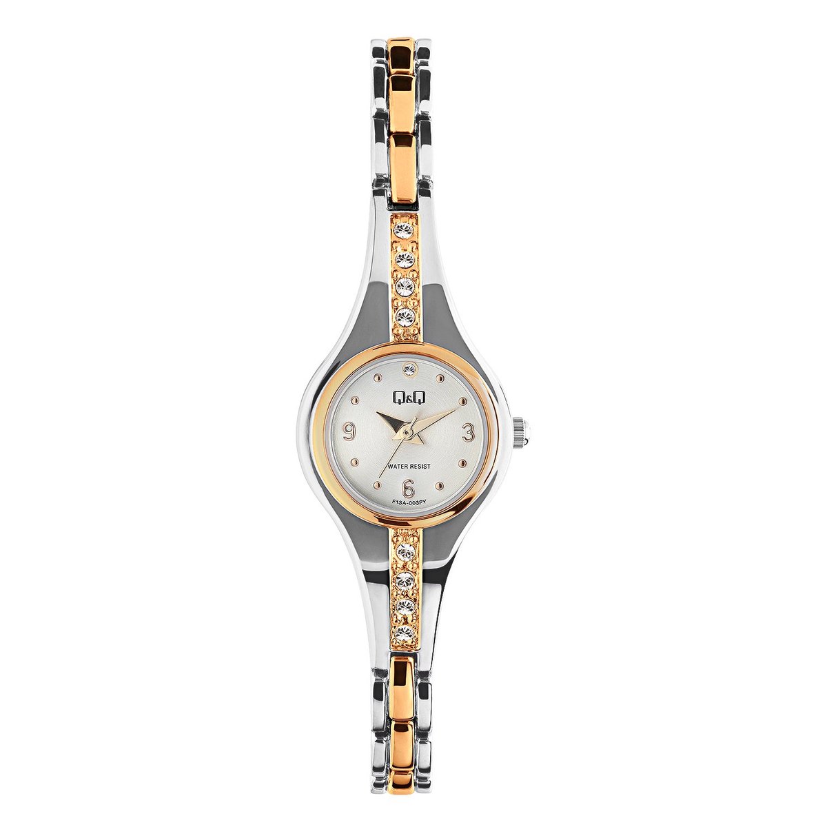QQ F13A-003PY - Horloge - Polshorloge - Analoog - Dames - Vrouwen - Metalen band - Rond - Metaal - Stippen - Cijfers - Zilverkleurig - Goudkleurig