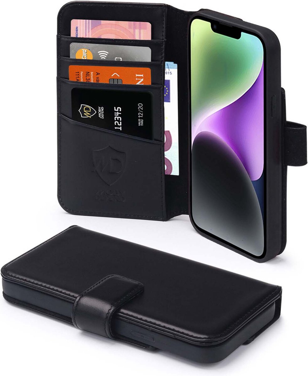 MobyDefend Hoesje - Geschikt voor iPhone 14 - Luxe Leren Wallet Bookcase - Zwart