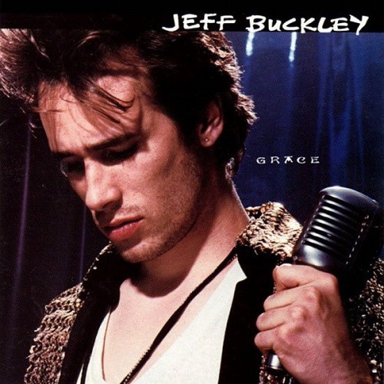 Jeff Buckley met microfoon, titel 'GRACE' in het midden. Goudkleurig jasje.