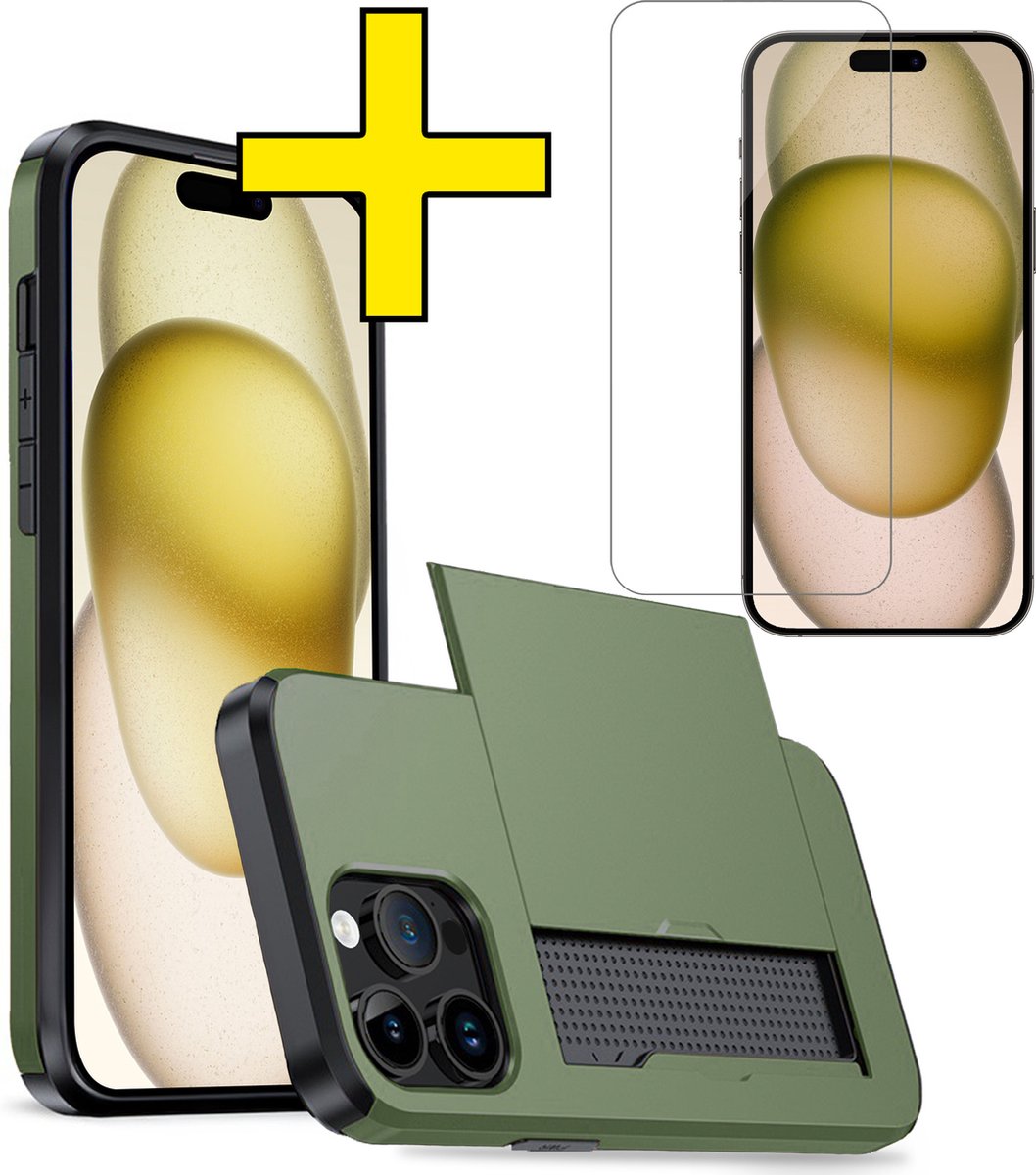 Hoesje Geschikt voor iPhone 15 Pro Max Hoesje Case Pashouder Hard Cover Met Screenprotector - Hoes Geschikt voor iPhone 15 Pro Max Hoesje Met Kaarthouder - Donkergroen