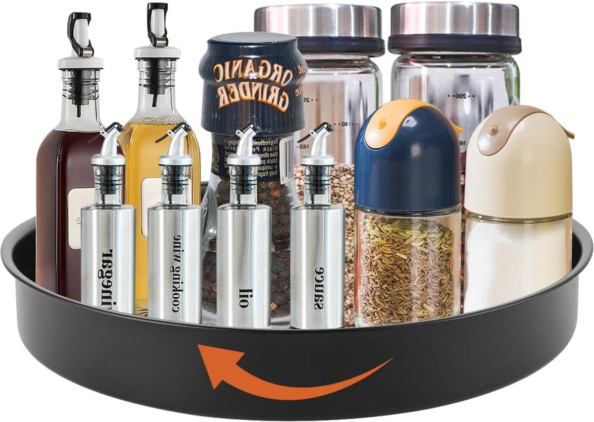 Draaiplateau organizer keuken Zwart draaibaar 360 graden Metaal 30 cm Kruidenrek Opbergrek kast eetkamer werkblad wastafel. Opbergrek