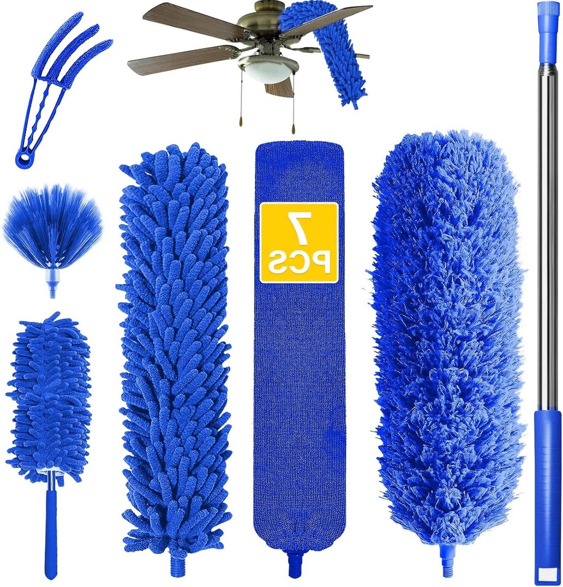Goedkoopste Uitschuifbare microfiber veren stofzuiger - herbruikbaar en wasbaar - 37 tot 232 cm - voor ventilatoren en hoog plafond blinds - blauw Plumeau