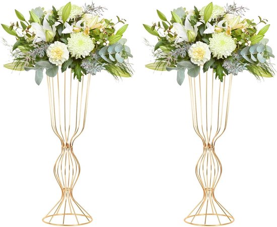Gold Centerpieces - Set of 2, Table Wedding Decor - 62cm Tall Metal Trumpet Vase Stand, Flower Centerpiece Vases, Table Decoration for Artificial Flowers - Carnival Party, Home Decor