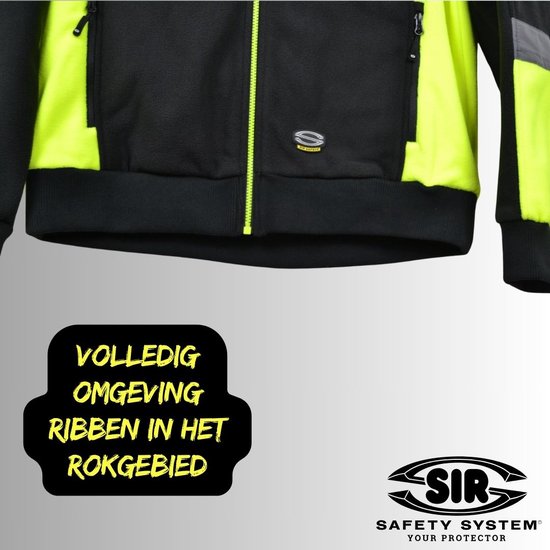 Onderkant van een zwarte fleece werktrui met neongele accenten. Tekst: 'VOLLEDIG OMGEVING RIBBEN IN HET ROKGEBIED'